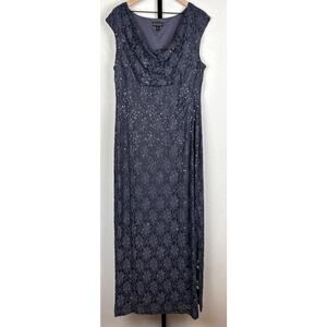 Connected Blue Floral Lace Maxi Dress Women's 16 Mesh Whimsigoth Fairy Cowl Neck